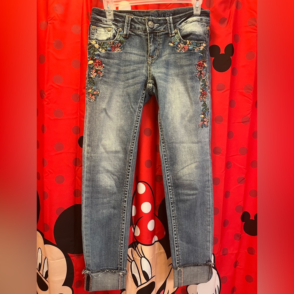 Grace in LA Women's Skinny Jeans with Floral Embroidery